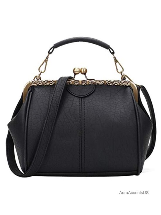 Handbags - Vintage PU Leather Kiss Lock Crossbody Bag with Detachable Straps